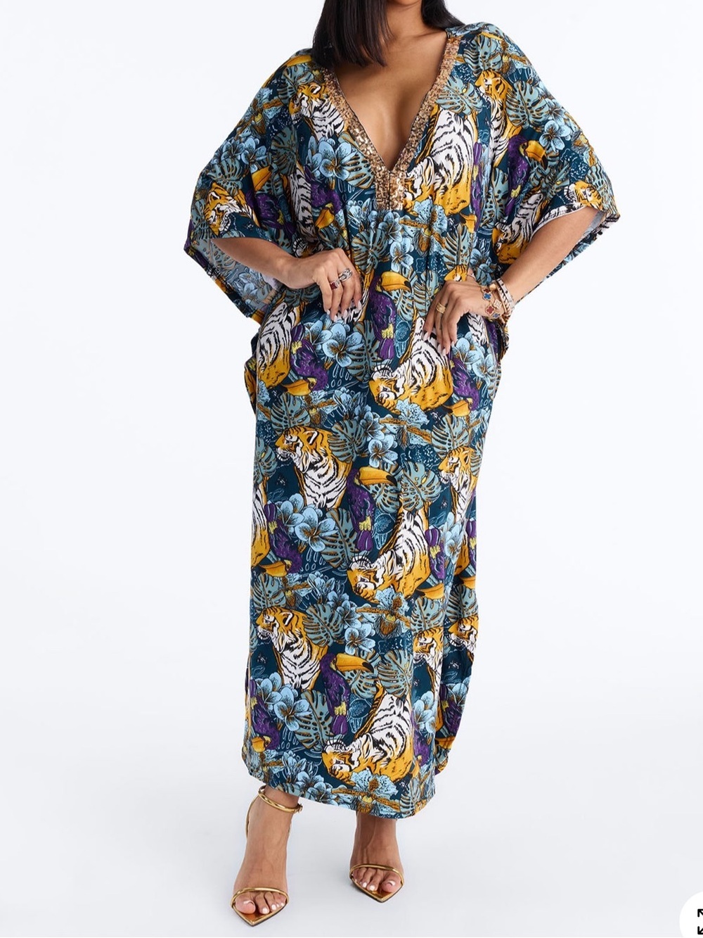 Fashion Nova Tropical Tiger Print Maxi Kaftan Dress Swim Coverup- Blue & Mustard